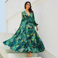 spring/summer new european and american style women's dress - v-neck, lantern sleeves, red leaf print, foreign trade maxi dress, flared skirt