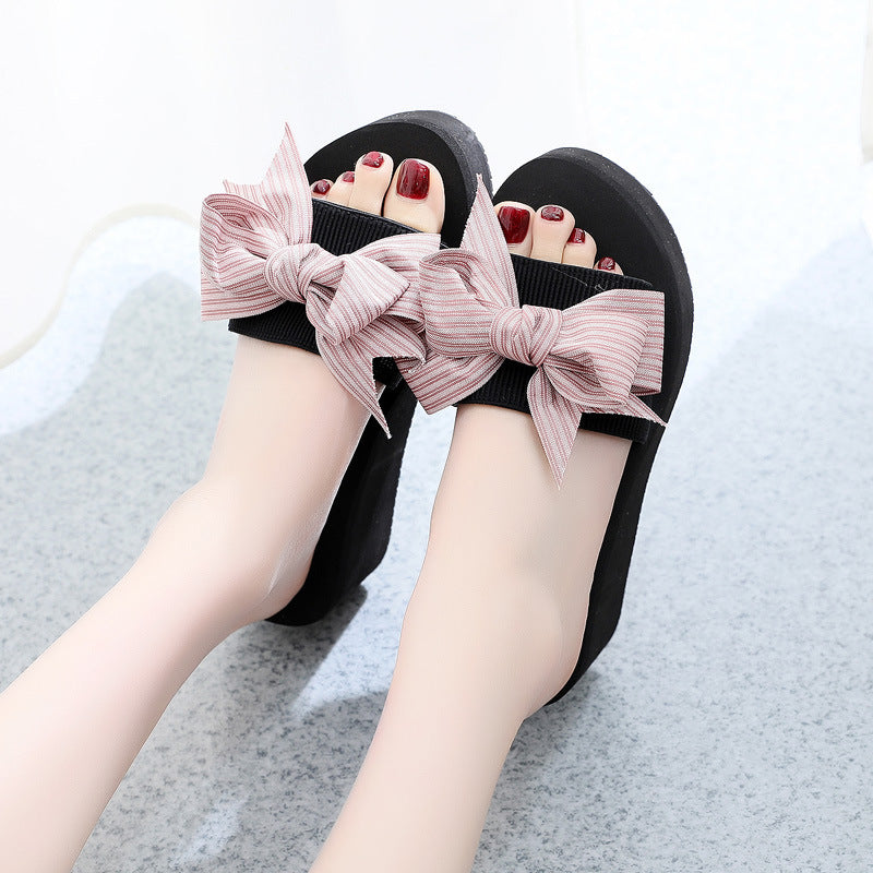 Women's slippers 2025 summer new style outdoor wear thick sole fashion bowknot one-strap wedge heel floral sandals