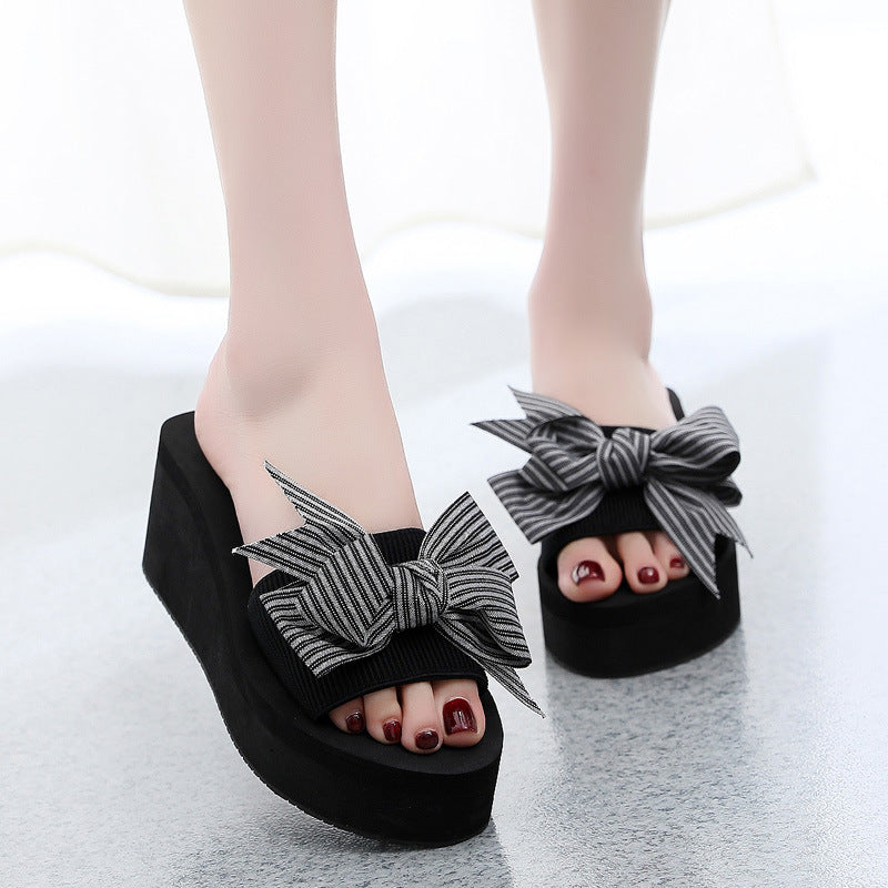 Women's slippers 2025 summer new style outdoor wear thick sole fashion bowknot one-strap wedge heel floral sandals