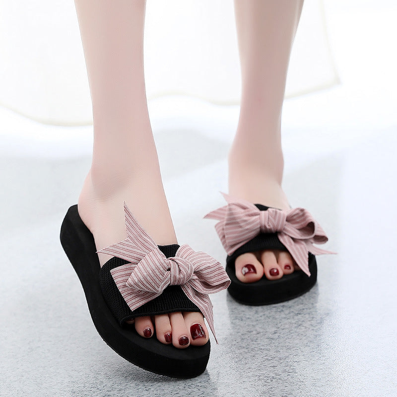 Women's slippers 2025 summer new style outdoor wear thick sole fashion bowknot one-strap wedge heel floral sandals