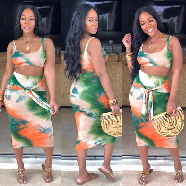 Z005  Express Dunhuang European and American character women's clothing irregular color graffiti skirt two-piece set