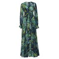 spring/summer new european and american style women's dress - v-neck, lantern sleeves, red leaf print, foreign trade maxi dress, flared skirt