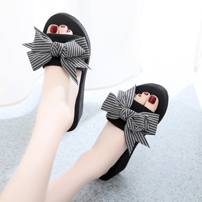 Women's slippers 2025 summer new style outdoor wear thick sole fashion bowknot one-strap wedge heel floral sandals