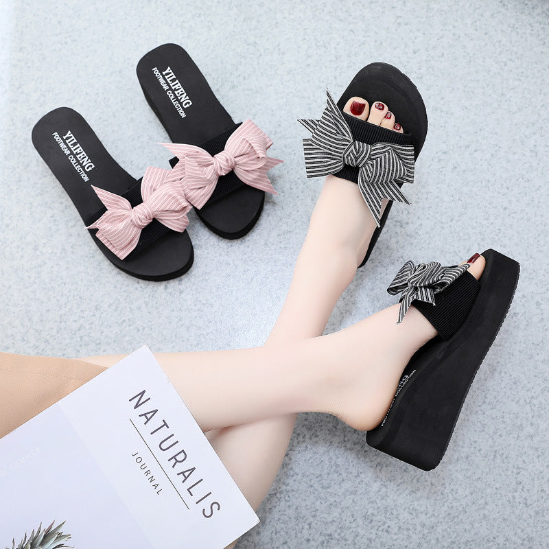 Women's slippers 2025 summer new style outdoor wear thick sole fashion bowknot one-strap wedge heel floral sandals