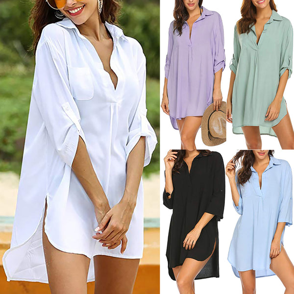 Independent Station Europe and the United States new women's shirt deep V neckline solid color beach sunscreen swimsuit blouse