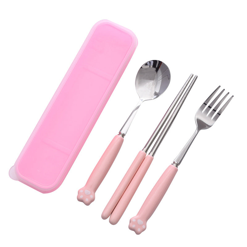 Minimalist cat paw ceramic handle 3-piece stainless steel cutlery set - student chopsticks, spoon, and fork portable dinnerware set
