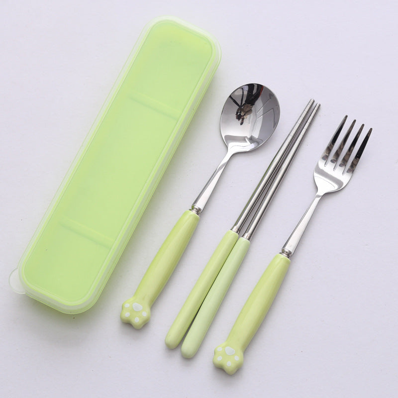 Minimalist cat paw ceramic handle 3-piece stainless steel cutlery set - student chopsticks, spoon, and fork portable dinnerware set