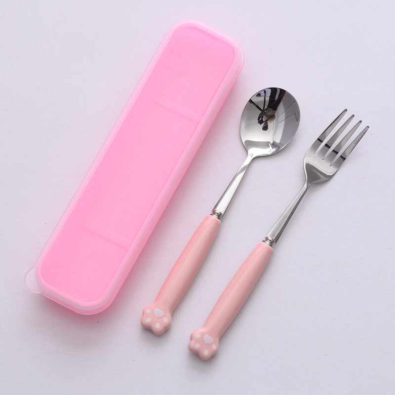 Minimalist cat paw ceramic handle 3-piece stainless steel cutlery set - student chopsticks, spoon, and fork portable dinnerware set