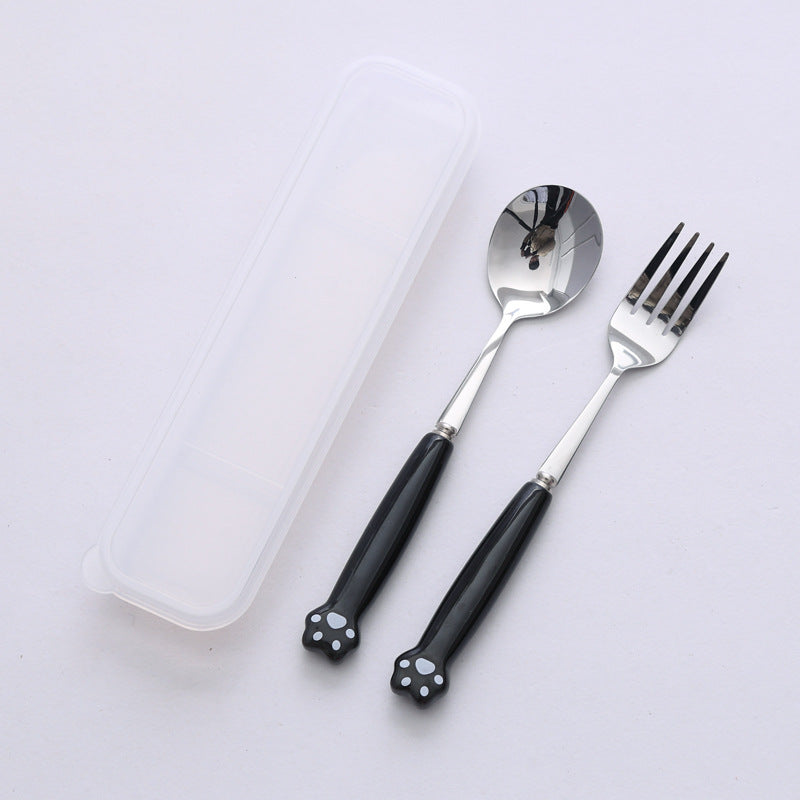 Minimalist cat paw ceramic handle 3-piece stainless steel cutlery set - student chopsticks, spoon, and fork portable dinnerware set