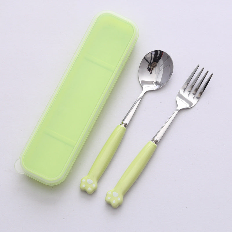 Minimalist cat paw ceramic handle 3-piece stainless steel cutlery set - student chopsticks, spoon, and fork portable dinnerware set