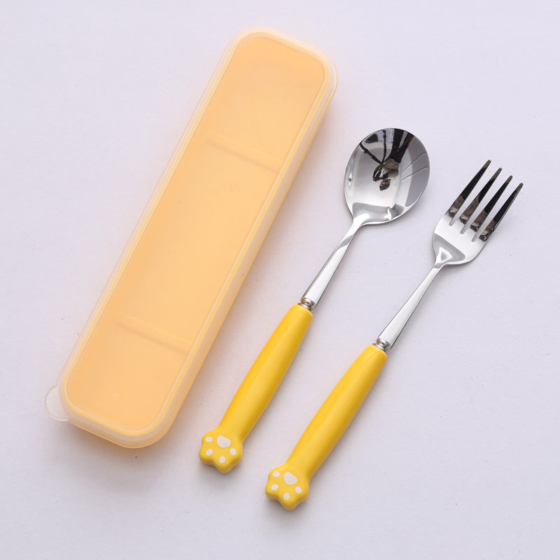 Minimalist cat paw ceramic handle 3-piece stainless steel cutlery set - student chopsticks, spoon, and fork portable dinnerware set