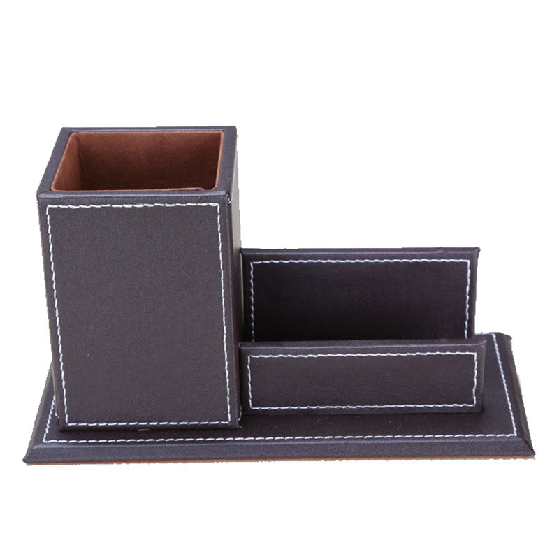 Pen Holder Office Multifunctional Creative Solid Color Office Leather Pen Holder Business Card Holder Stationery Set Desktop Storage Box