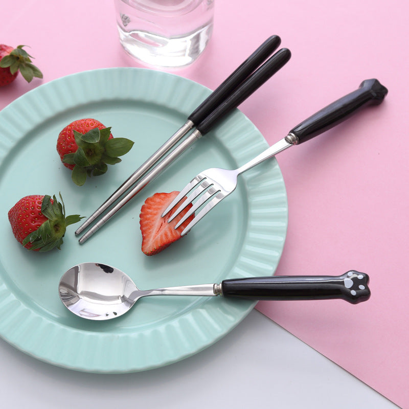 Minimalist cat paw ceramic handle 3-piece stainless steel cutlery set - student chopsticks, spoon, and fork portable dinnerware set