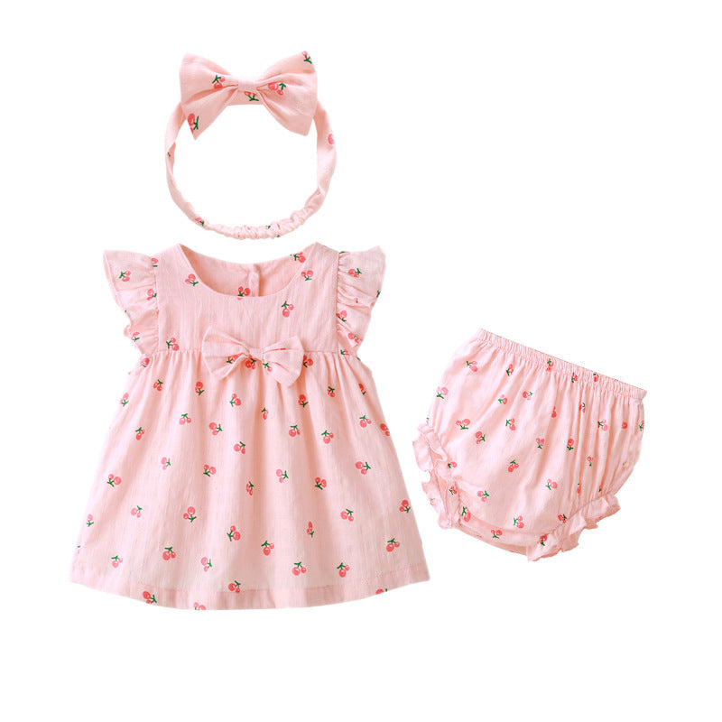 summer korean style pure cotton short-sleeve a-line dress for baby girls, cute infant and toddler dress, three-piece girls' outfit