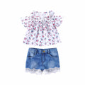 2019 summer european and american style girls' floral print top + elastic denim lace two-piece set - cross-border exclusive