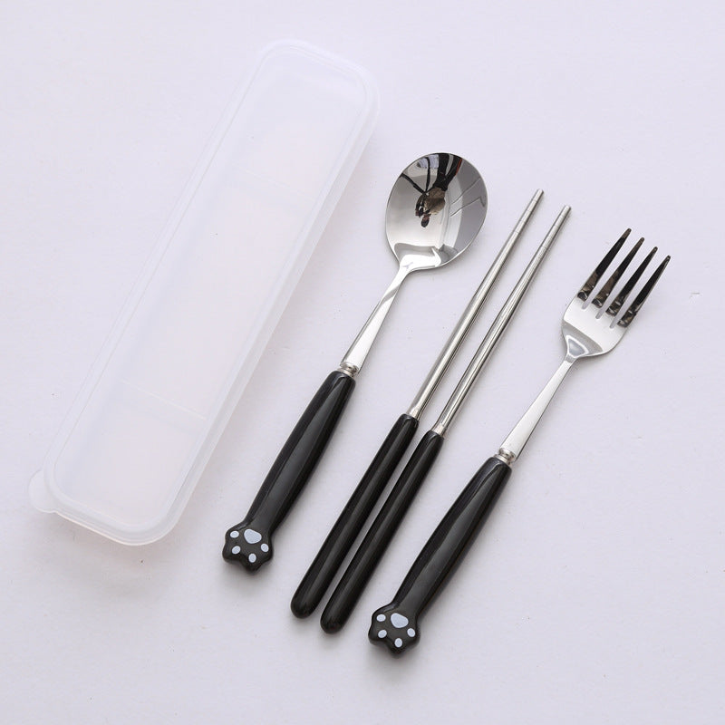 Minimalist cat paw ceramic handle 3-piece stainless steel cutlery set - student chopsticks, spoon, and fork portable dinnerware set