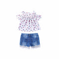 2019 summer european and american style girls' floral print top + elastic denim lace two-piece set - cross-border exclusive