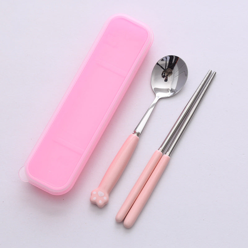 Minimalist cat paw ceramic handle 3-piece stainless steel cutlery set - student chopsticks, spoon, and fork portable dinnerware set