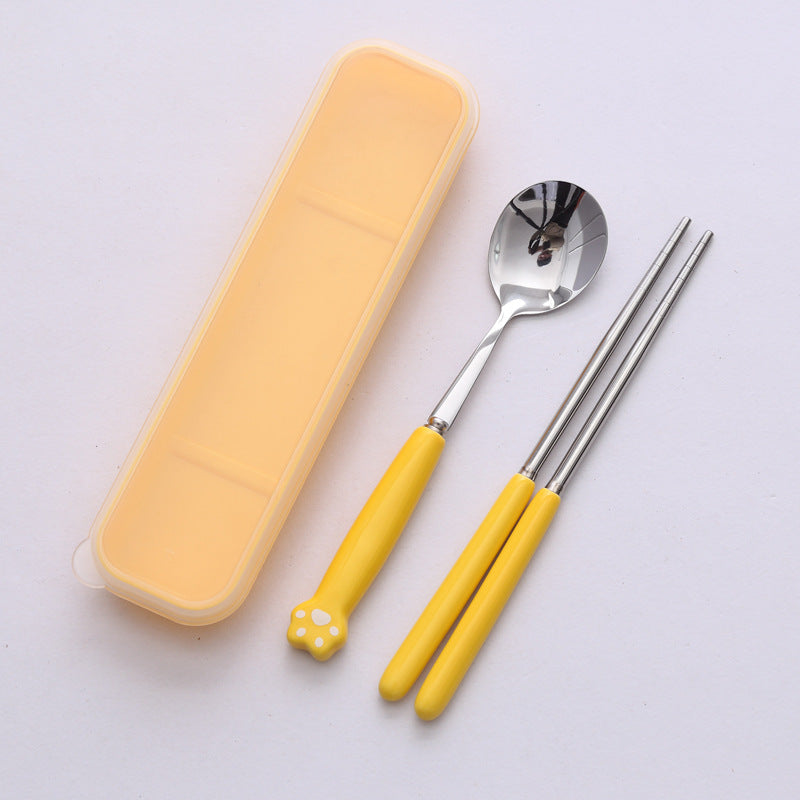 Minimalist cat paw ceramic handle 3-piece stainless steel cutlery set - student chopsticks, spoon, and fork portable dinnerware set