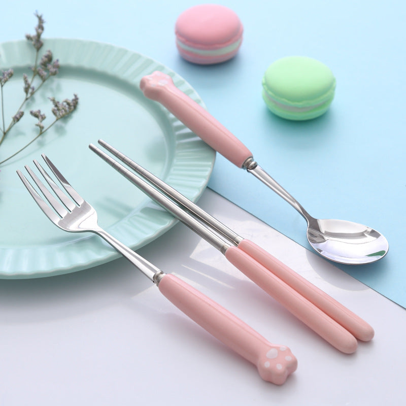Minimalist cat paw ceramic handle 3-piece stainless steel cutlery set - student chopsticks, spoon, and fork portable dinnerware set