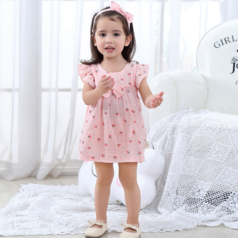 summer korean style pure cotton short-sleeve a-line dress for baby girls, cute infant and toddler dress, three-piece girls' outfit