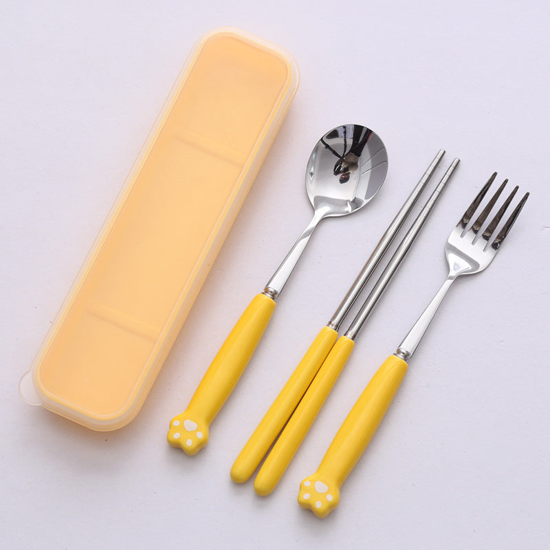 Minimalist cat paw ceramic handle 3-piece stainless steel cutlery set - student chopsticks, spoon, and fork portable dinnerware set