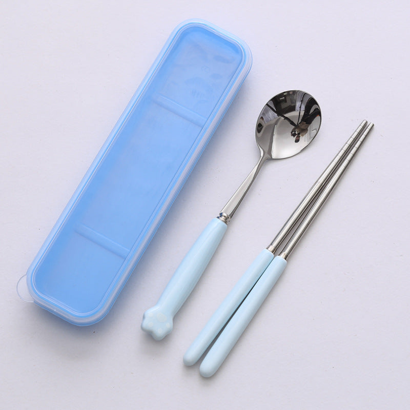 Minimalist cat paw ceramic handle 3-piece stainless steel cutlery set - student chopsticks, spoon, and fork portable dinnerware set