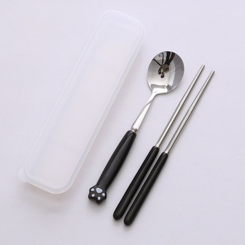 Minimalist cat paw ceramic handle 3-piece stainless steel cutlery set - student chopsticks, spoon, and fork portable dinnerware set