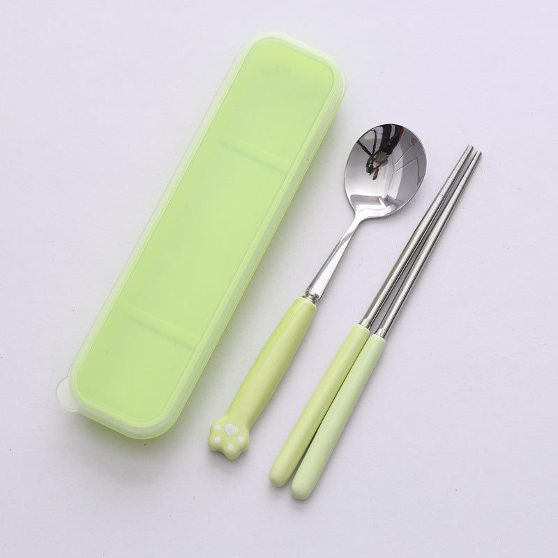 Minimalist cat paw ceramic handle 3-piece stainless steel cutlery set - student chopsticks, spoon, and fork portable dinnerware set