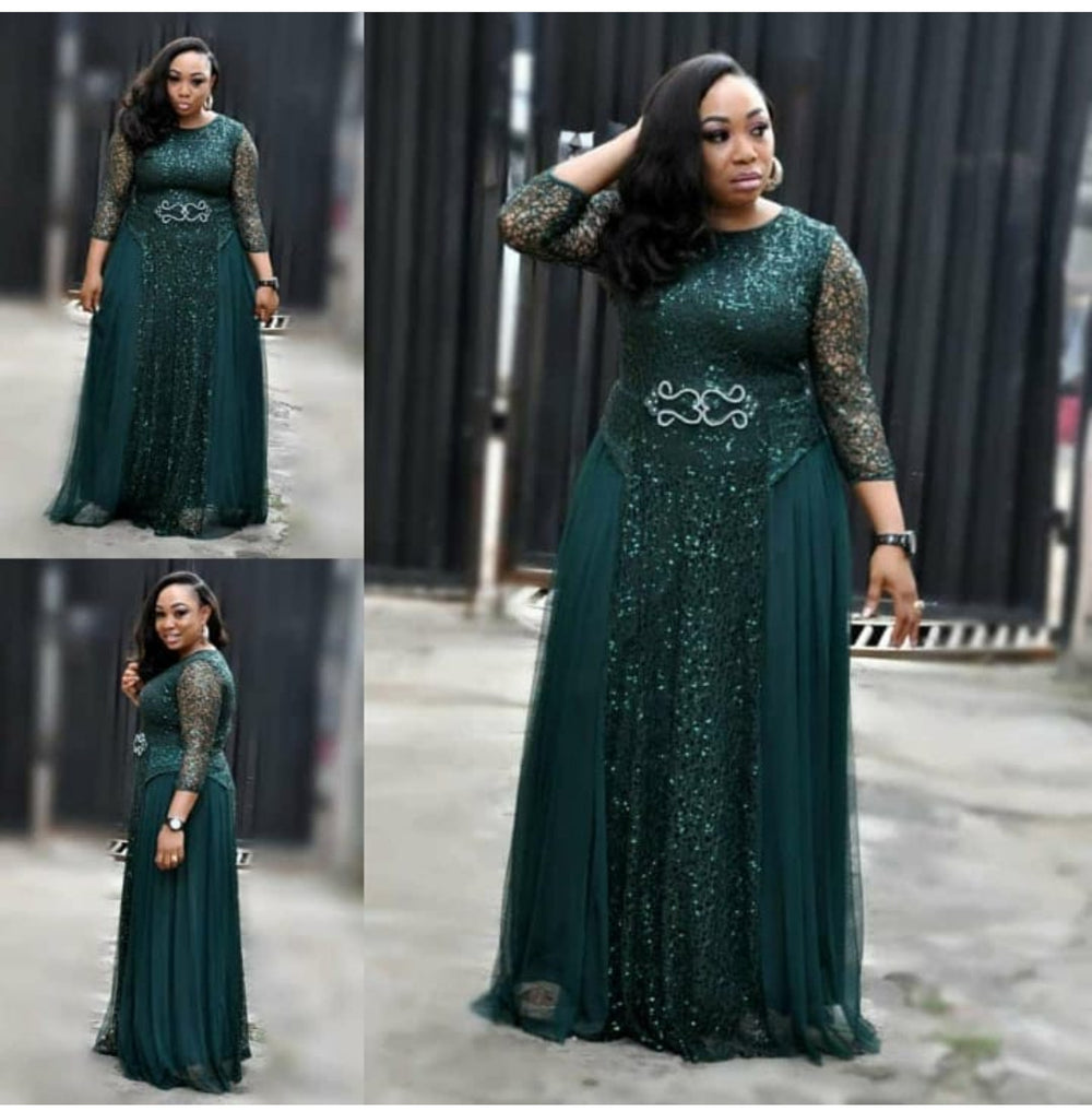 supply lace sequin round neck mid-sleeve everyday dress evening party maxi dress african hot-selling women's clothing