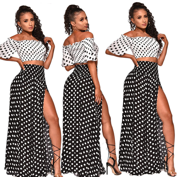K9338  popular European and American women's clothing polka dot off-the-shoulder casual beach wind two-piece set split skirt set new