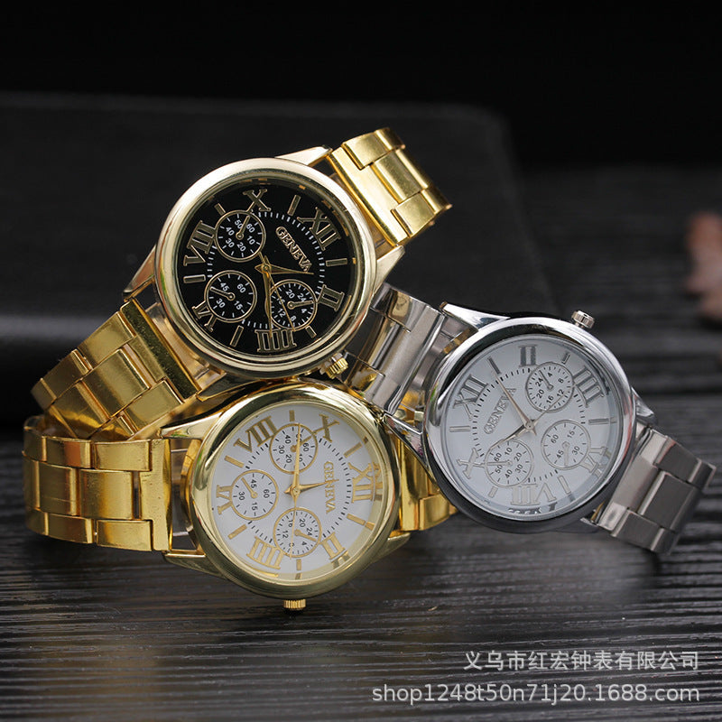 New fashion gift steel band watch, women's geneva three-eyed watch, men's quartz watch - in stock & wholesale