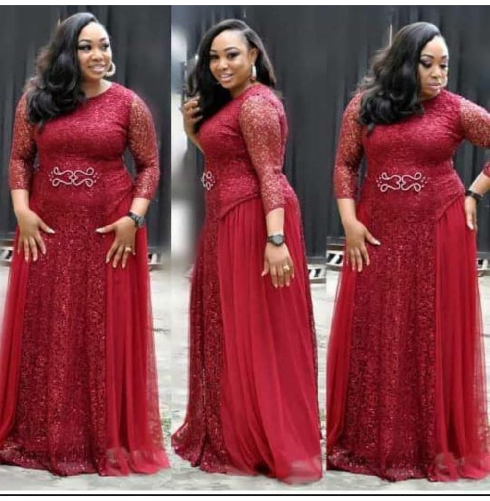 supply lace sequin round neck mid-sleeve everyday dress evening party maxi dress african hot-selling women's clothing