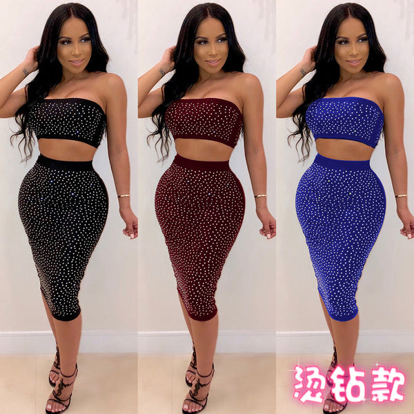 Spot! K8730 European and American sexy chest wrap hot diamond slim hip wrap skirt nightclub style two-piece set