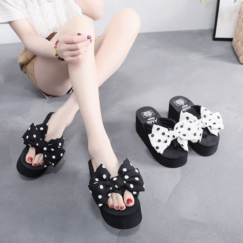 2025 new women's super high heel flip-flops - summer anti-slip platform beach sandals with sweet bow detail - wearable wedge heel slides