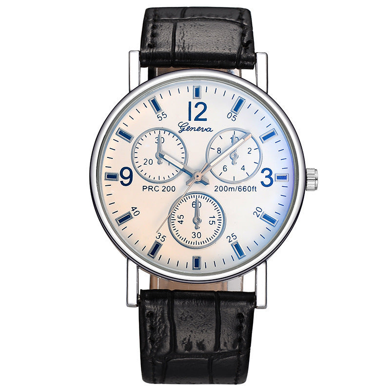 Stylish business gift three-eye men's quartz watch with blue light glass and leather strap