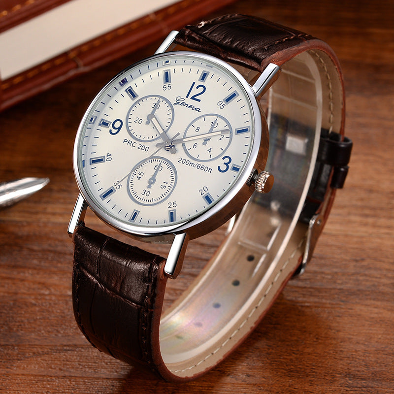 Stylish business gift three-eye men's quartz watch with blue light glass and leather strap