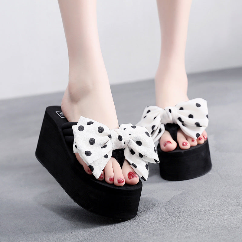 2025 new women's super high heel flip-flops - summer anti-slip platform beach sandals with sweet bow detail - wearable wedge heel slides