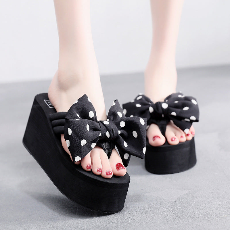 2025 new women's super high heel flip-flops - summer anti-slip platform beach sandals with sweet bow detail - wearable wedge heel slides