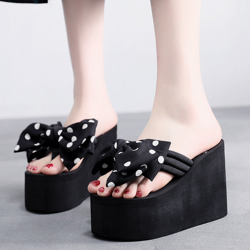 2025 new women's super high heel flip-flops - summer anti-slip platform beach sandals with sweet bow detail - wearable wedge heel slides