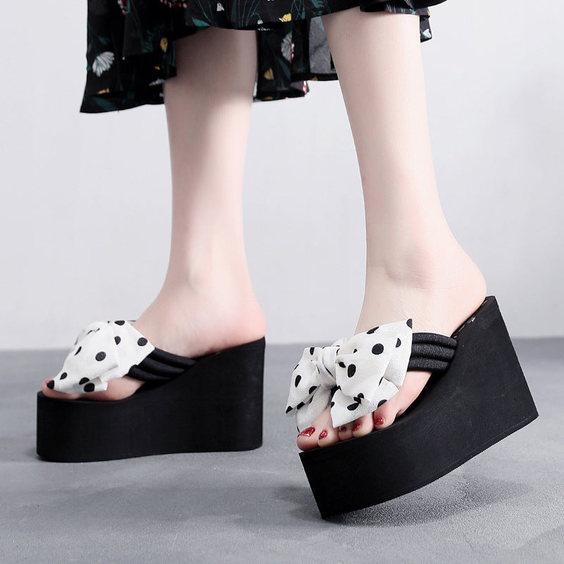 2025 new women's super high heel flip-flops - summer anti-slip platform beach sandals with sweet bow detail - wearable wedge heel slides