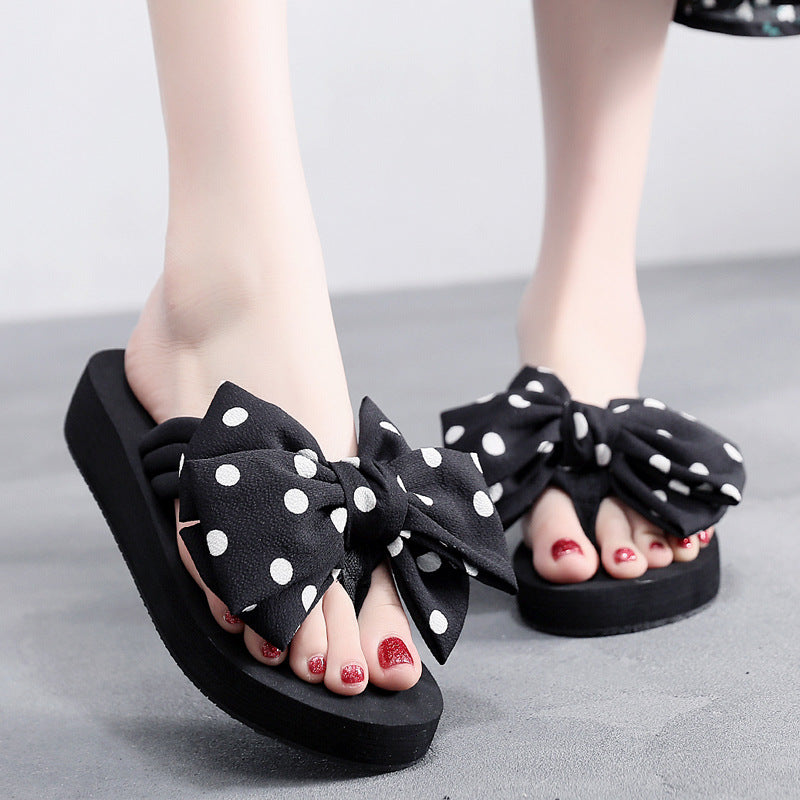 2025 new women's super high heel flip-flops - summer anti-slip platform beach sandals with sweet bow detail - wearable wedge heel slides