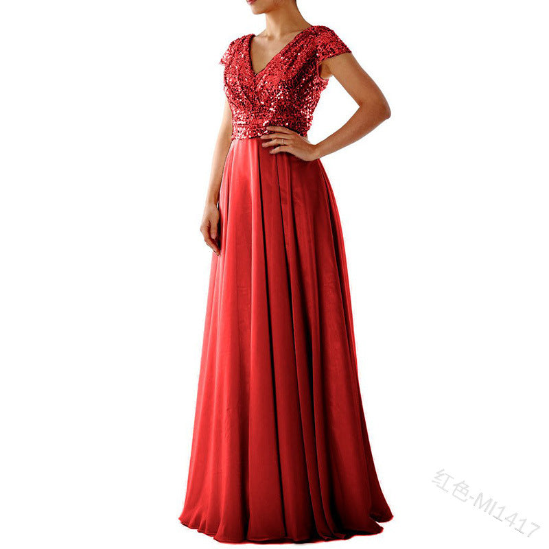 summer new arrival: women's foreign trade dress -  &  new v-neck sequin chiffon patchwork evening gown maxi dress