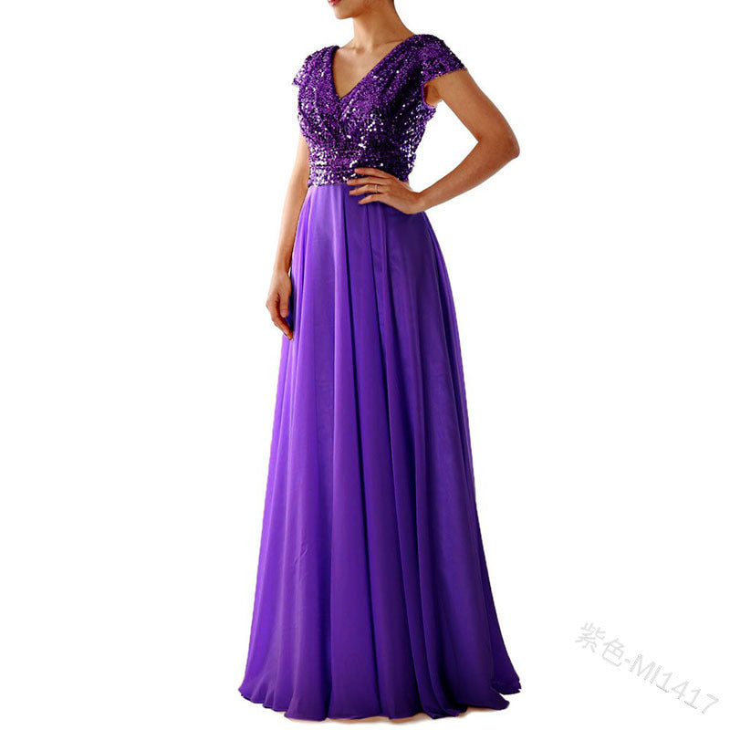 summer new arrival: women's foreign trade dress -  &  new v-neck sequin chiffon patchwork evening gown maxi dress