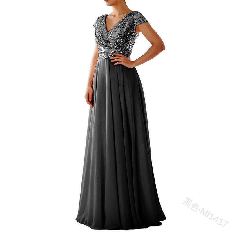 summer new arrival: women's foreign trade dress -  &  new v-neck sequin chiffon patchwork evening gown maxi dress