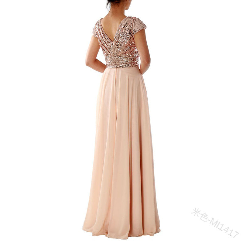 summer new arrival: women's foreign trade dress -  &  new v-neck sequin chiffon patchwork evening gown maxi dress