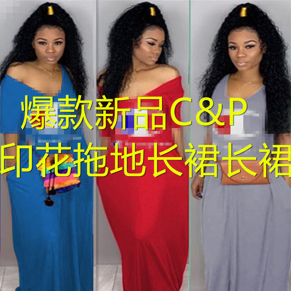 Z004 Independent Station Supply Spring New Products European and American Fashion Casual Letter C & P Printed Floor Mopping Dress