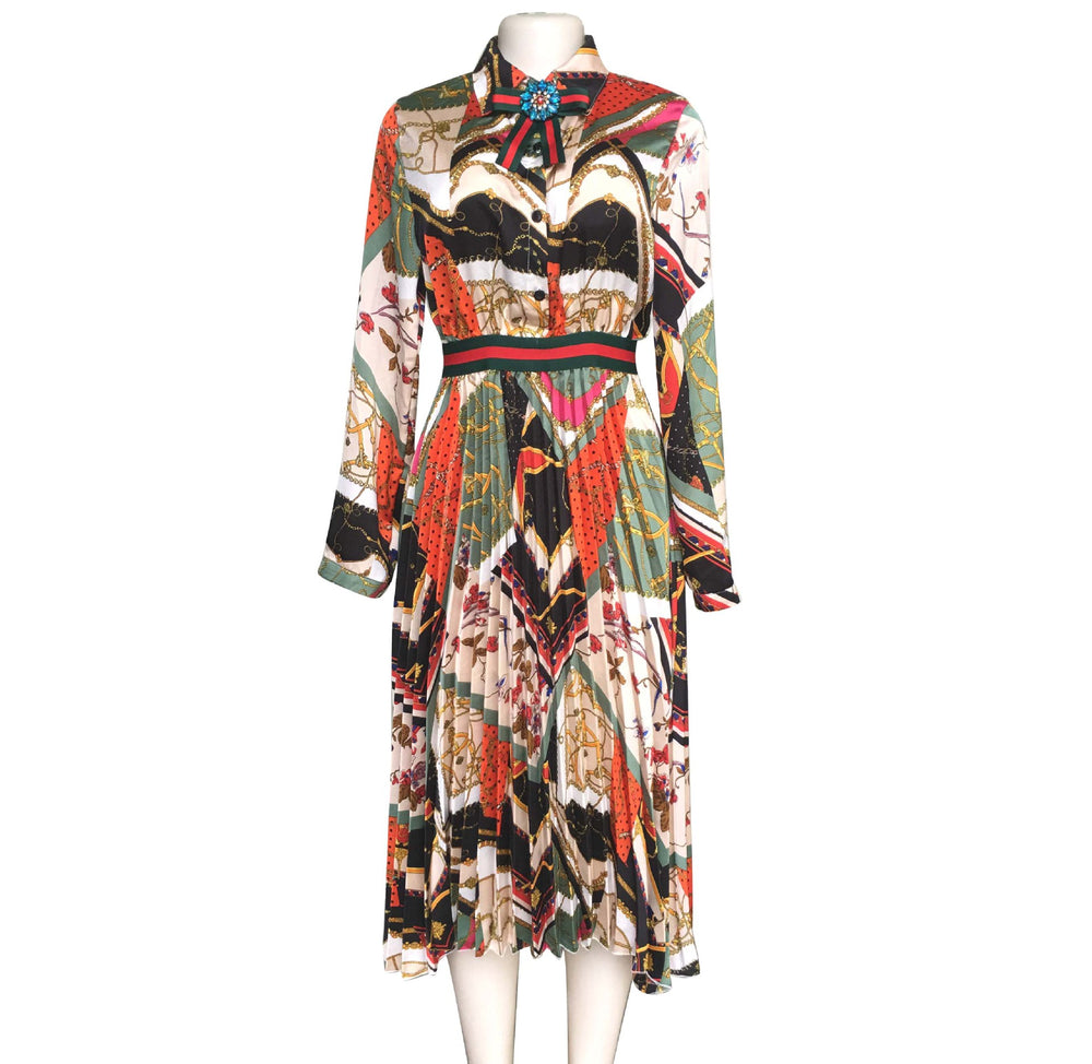 Satin printing pleated elegant socialite style african fashion shirt collar waist shirt collar long skirt