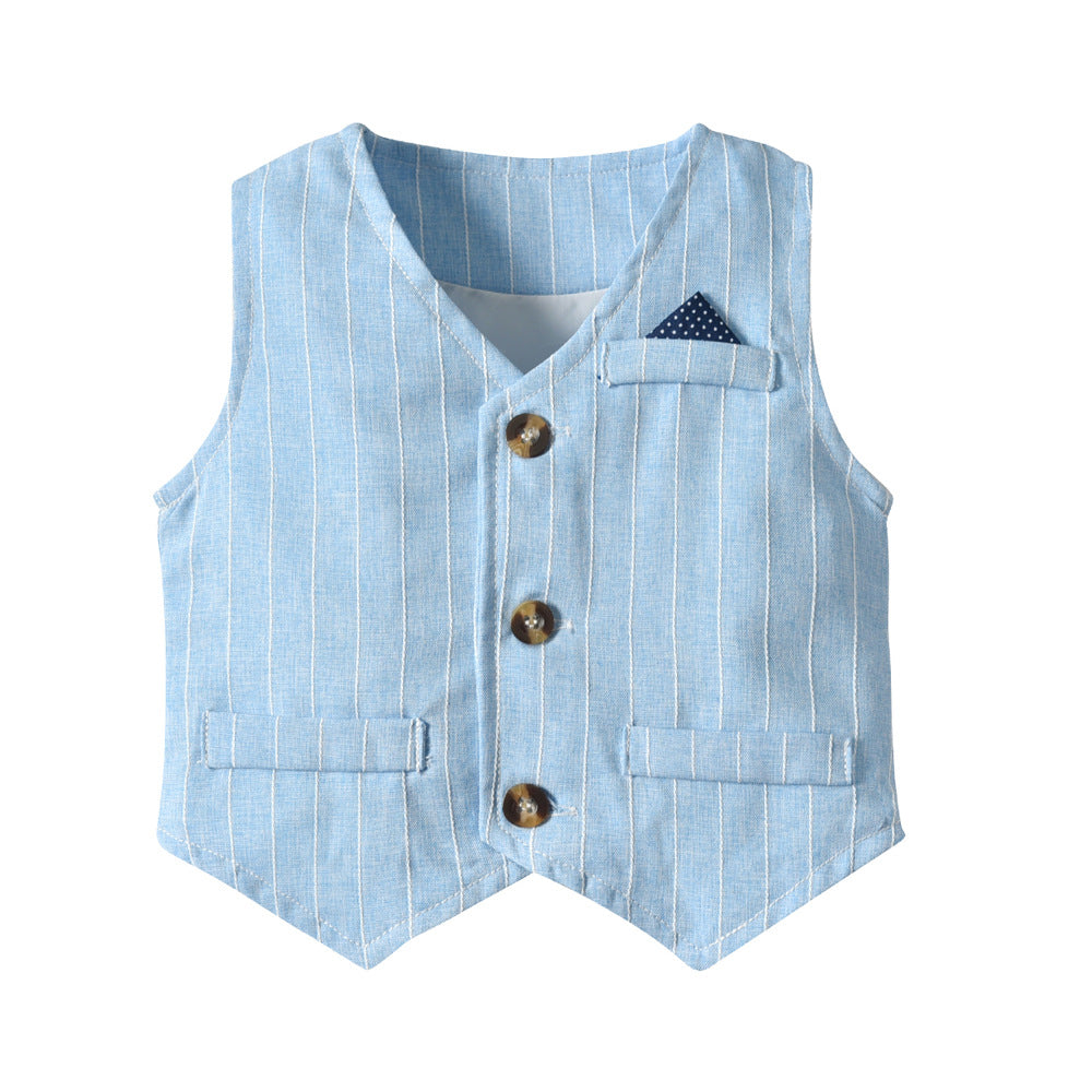 Korean style new boys' spring/autumn outfit: striped long-sleeve shirt, gentleman's vest, and three-piece children's suit set