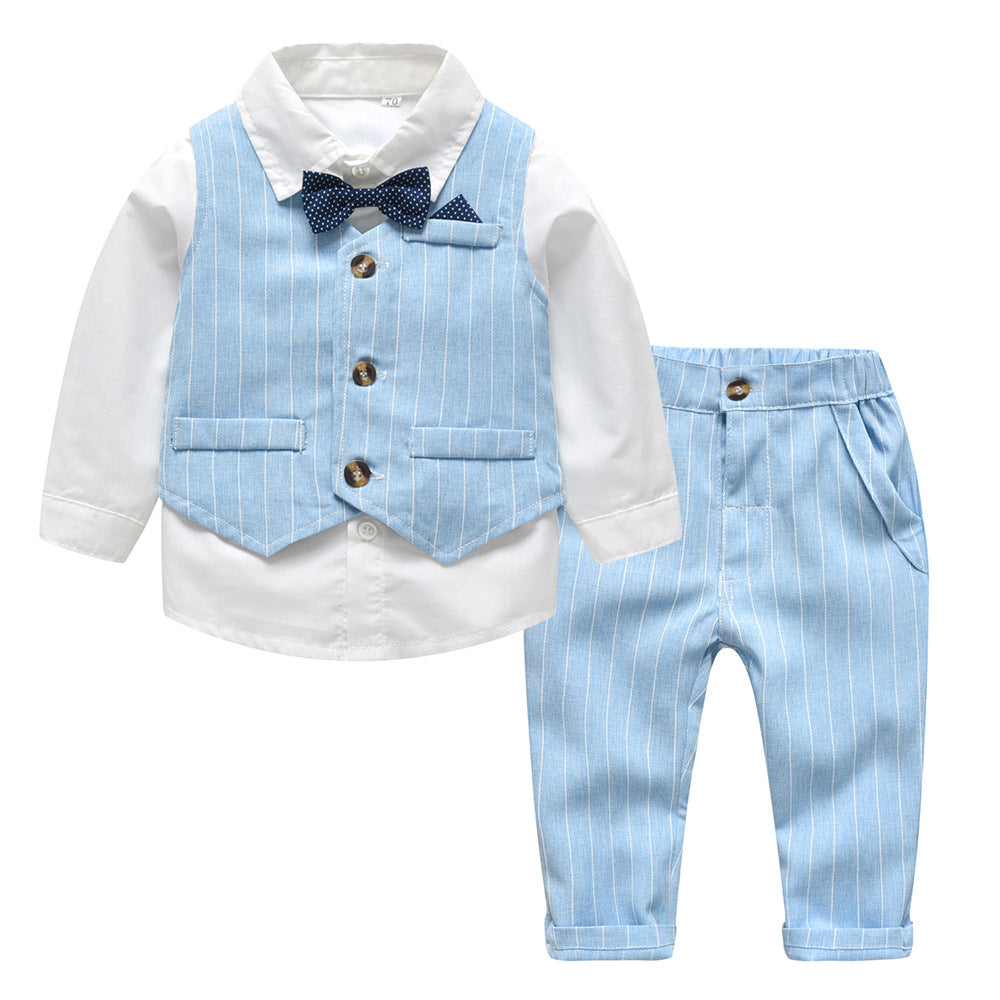 Korean style new boys' spring/autumn outfit: striped long-sleeve shirt, gentleman's vest, and three-piece children's suit set